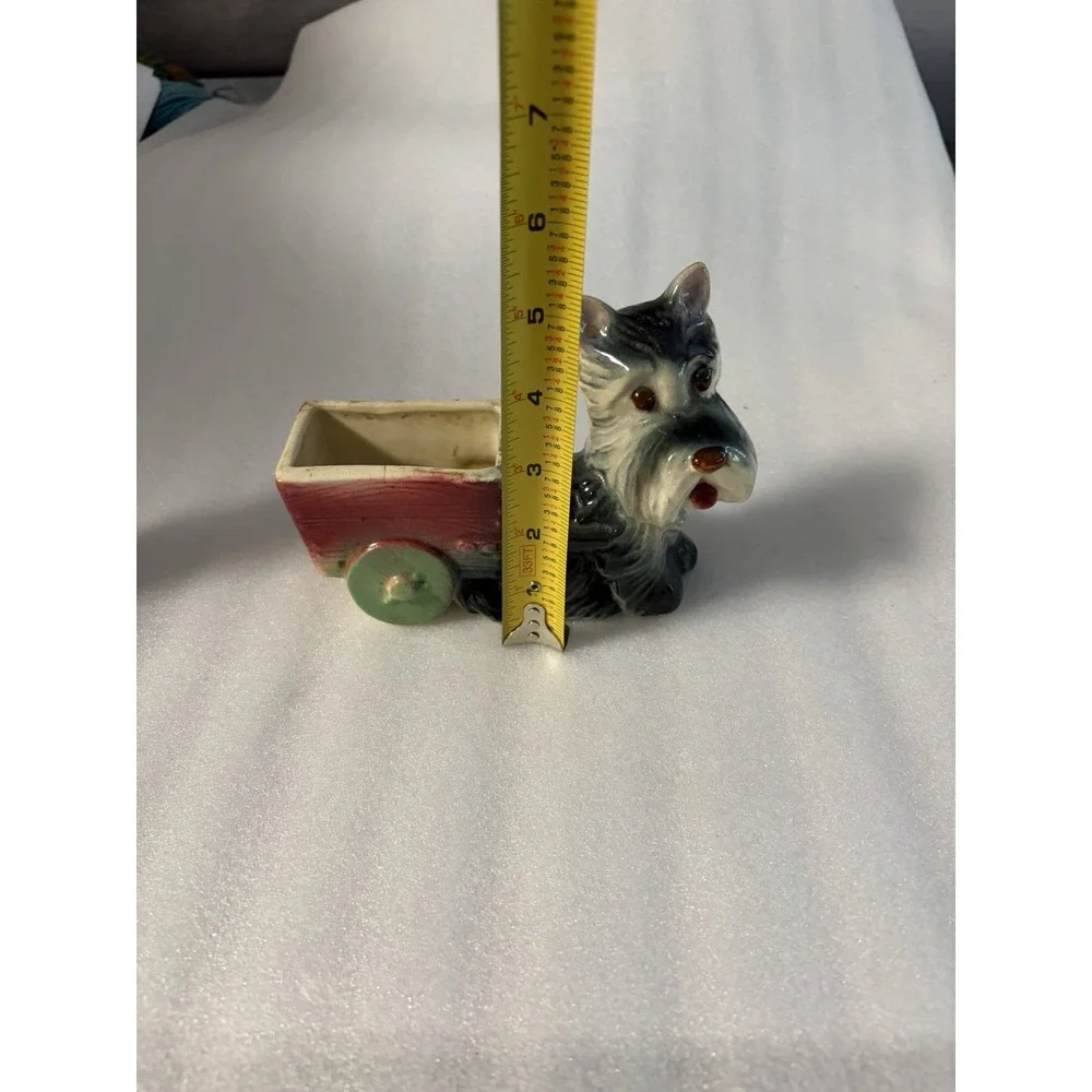 Vintage Ceramic Scottie Dog Planter Pulling Red Cart Wagon Green Wheels 6